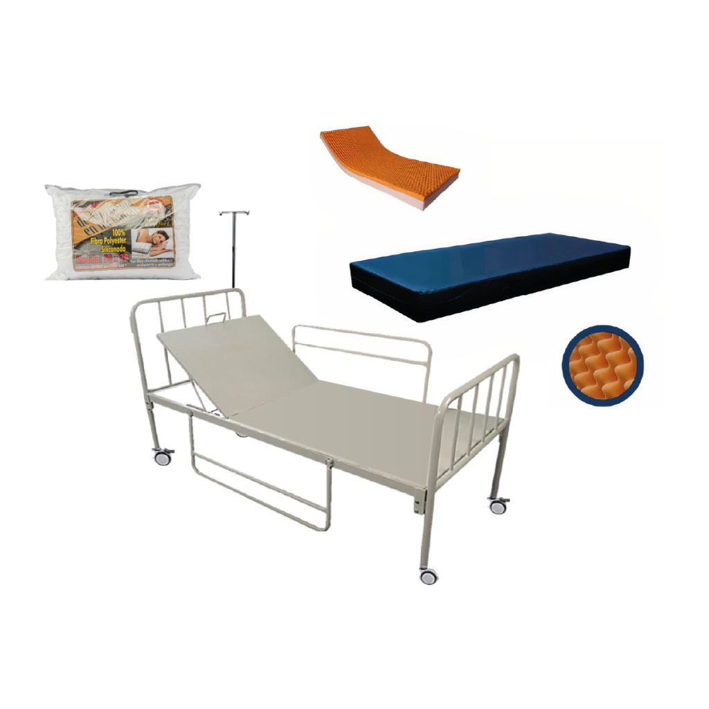 camas de hospital economicas Manual de dos planos CM-043 + colchón ortopédico antiescaras + almohada