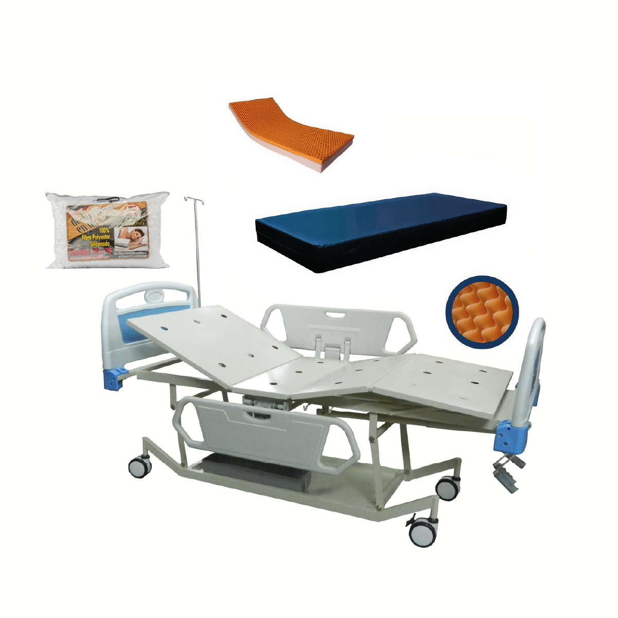 Combo cama manual hospitalaria CM 050 + Colchon ortopédico antiescaras + almohada - 2025