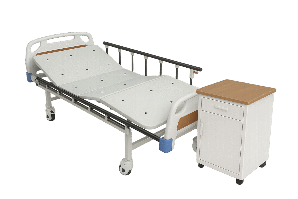 Cama hospitalaria en combo con mesa de noche - transparente