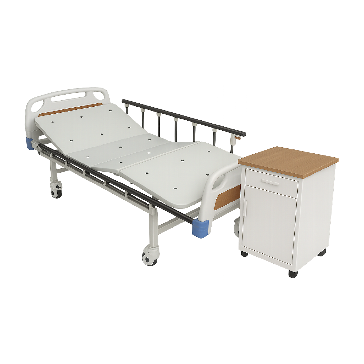 Cama hospitalaria manual en combo con mesa de noche