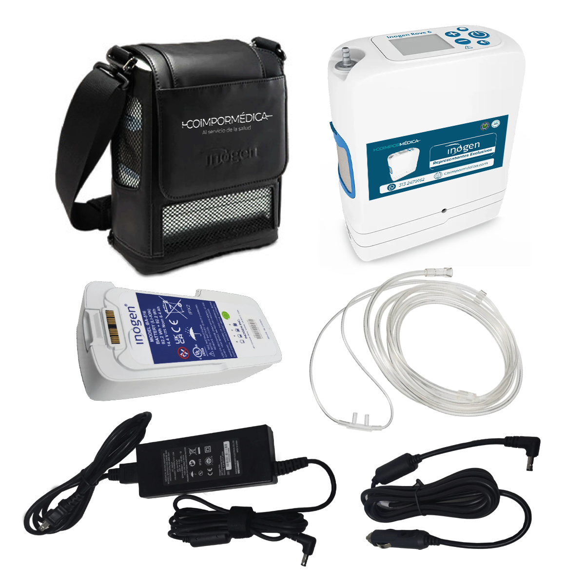 maleta, cargador, cargador para carro, batería doble, canula del concentrador de oxigeno Inogen Rove 6