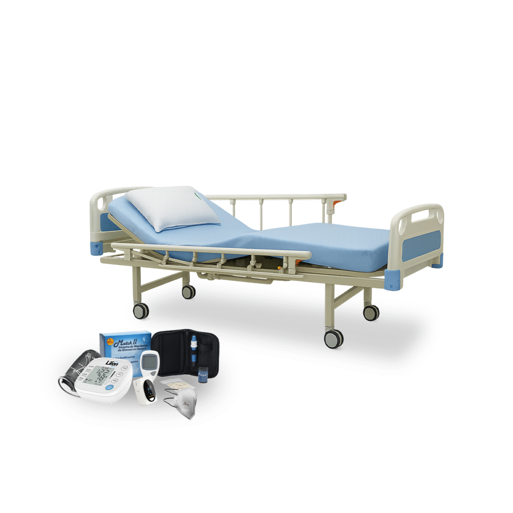 Cama hospitalaria eléctrica con colchon, almohada, sabana, tensiometro, oximetro glucometro y tapabocas