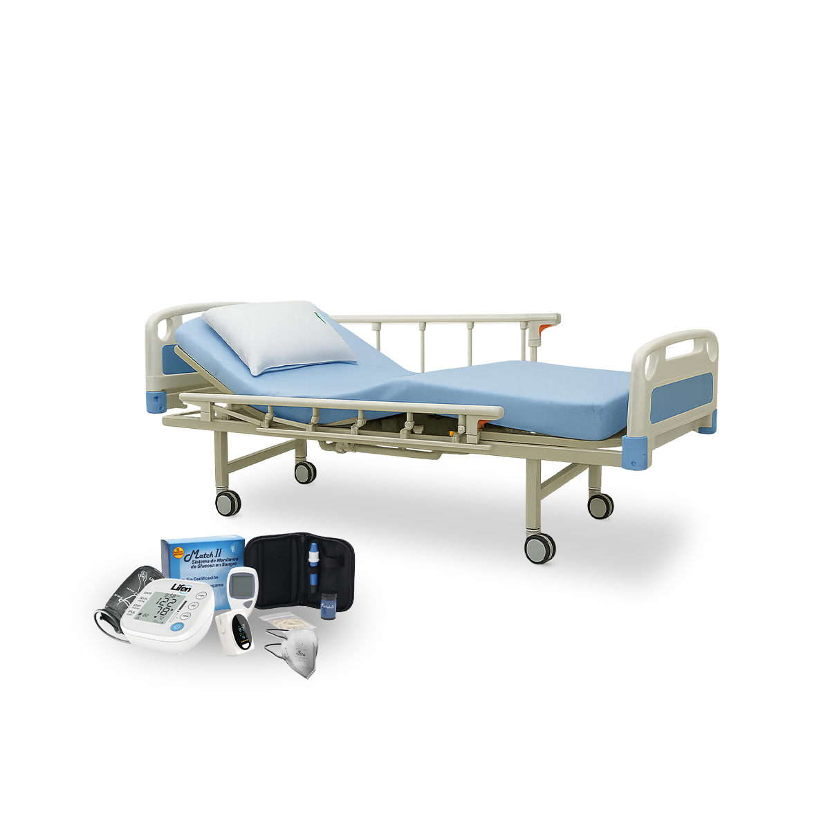 Cama hospitalaria eléctrica con colchon, almohada, sabana, tensiometro, oximetro glucometro y tapabocas